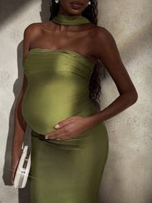 Cheriluna Maternity Elegant, Romantic, Sexy, Minimalist Style Sleeveless Backless Knit Bodycon Maternity Photoshoot Dress, Formal Dress, Christmas Party Dress, Green Dress, Elegant Dresses For Party - Green - View 6