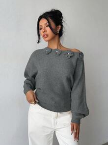 Elenzga Women's Elegant Floral Rhinestone Decor Asymmetric Shoulder Knit Sweater - Grey - View 5
