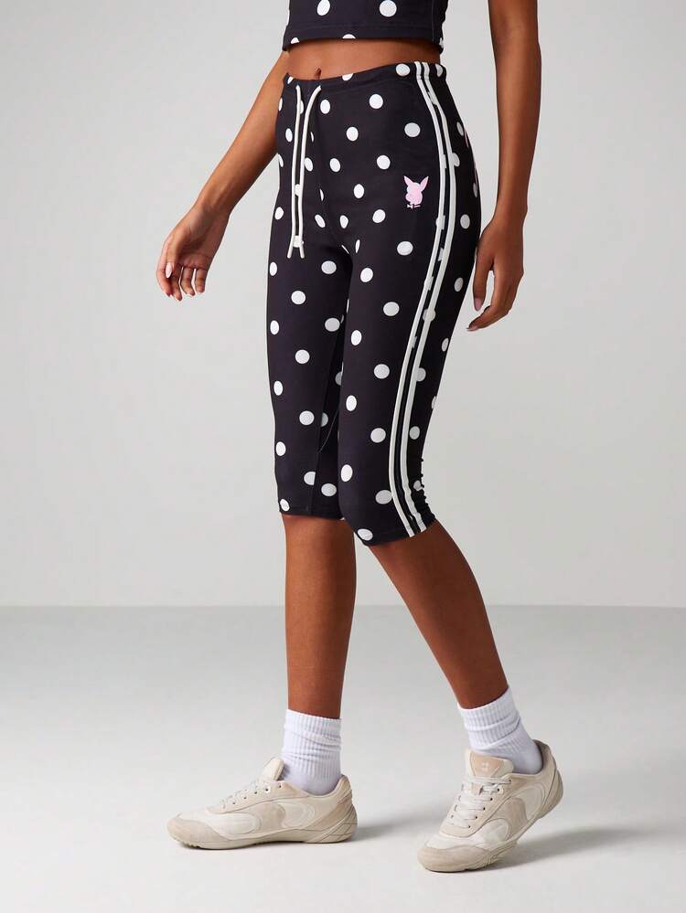 Missguided x Playboy Leggings a 3/4 a pois con dettaglio a righe laterali e logo coniglietto rosa