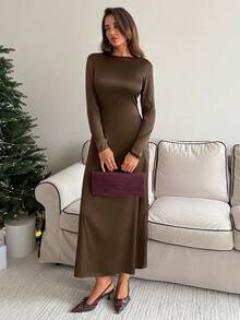 Aloruh 女士优雅性感露背长袖连衣裙，咖啡色，适合约会和派对，秋冬季 - 咖啡 - 查看 7