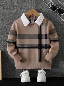 SHEIN Young Boy Striped Long Sleeve Casual Sweater, Autumn/Winter Boys Autumn Winter Sweater Boys Knitwear Boys Sweater Cotton Winter Sweaters For Kids Boys Clothes Winter - Khaki - View 3