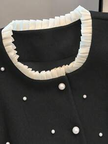 Regalyn Plus Size Woolen Vest With Ruffle Collar, Pearl Decor, Stylish Commuter Fashion Retro Elegant Minimalist Vest Jacket