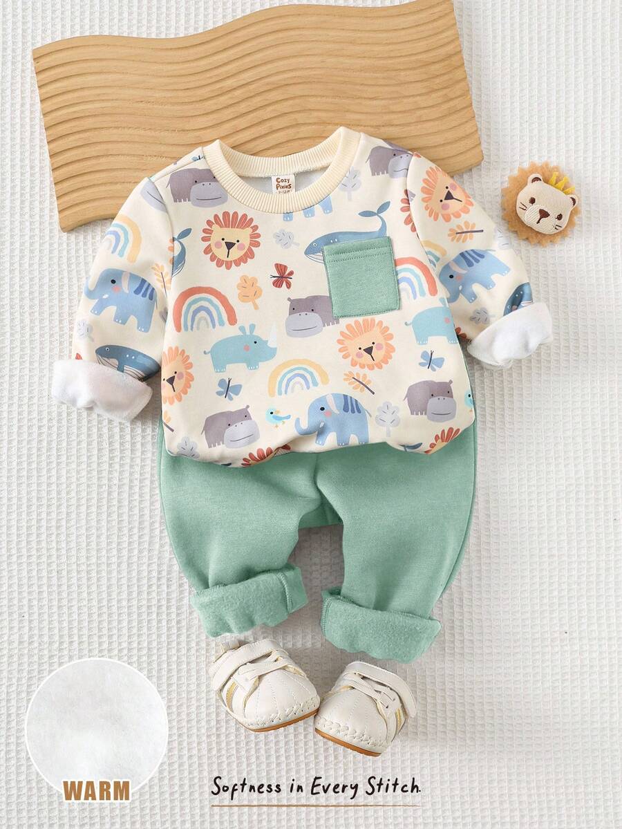 Cozy Pixies 2pcs Baby Boy Cartoon Animal Pattern Knit Soft Crew Neck Long Sleeve Pullover Sweatshirt And Elastic Waist Pants Set - Mint Green - View 1