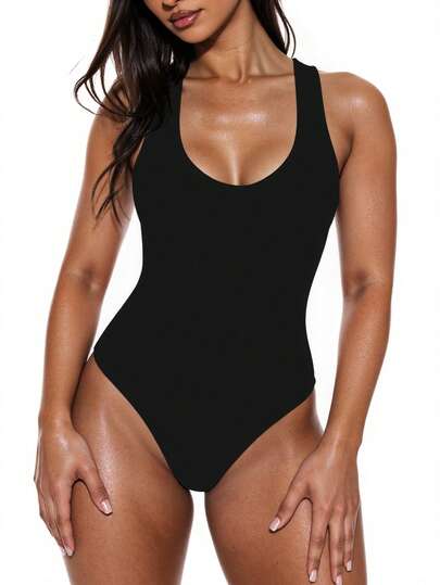 Swim Basics Summer Beach Plain High Cut One Piece Swimsuit