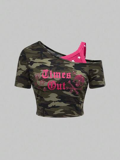 J-Fashion Camiseta asimétrica con estampado de camuflaje y eslogan