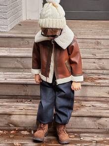 SHEIN Young Boy Teddy Lined Zip Up PU Leather Jacket Chic Outfits For Autumn/Winter
