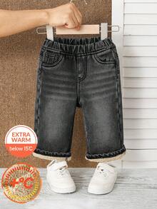 SHEIN Quần jean denim đen dáng rộng, mềm mại, ấm áp, lót giữ nhiệt, cơ bản cho bé trai, thích hợp mặc hàng ngày và dạo phố vào mùa thu/đông, dịp Giáng sinh, Năm mới, Lễ Tạ ơn. - màu đen - Xem 2