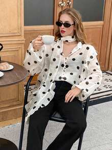 Serisse Blusa de manga larga elegante con estampado de lunares y volantes en el bajo, estilo francés, para playa, brunch, invierno, estilosa, Año Nuevo, Navidad, Acción de Gracias, casual, vintage, minimalista, oficina, perfecta para uso diario - Blanco y Negro - Ver 8