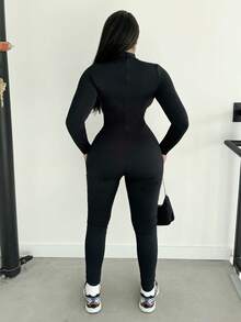 Alexandranx 女士优雅秋冬长袖适合日常通勤、都市时尚、可以聚会、黑色弹力针织紧身方领连体裤 - 黑色 - 查看 2