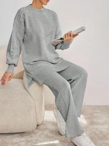 SHEIN Cottnline Women's Beaded Stand Collar Drop Shoulder Sweater Set - Light Grey - View 4