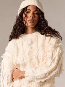 AiiRZ Cable Knit Sweater With Fringe Detail Long Sleeve Pullover For Fall Winter - Apricot - View 4