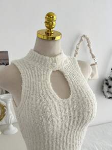 SHEIN Unity Women's Sexy Keyhole Neck Fluffy Knit Sweater Vest - White - View 4
