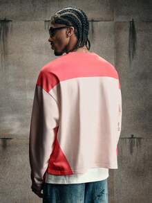 AXEPEAK Letter Print Color Block Rhinestone Decor Round Neck Long Sleeve T-Shirt - Pink - View 2