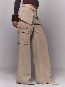 MUSERA 水洗低腰阔腿牛仔裤，反口袋设计，适合冬季外出、日常穿着、夜间休闲、酷炫街头风。 - 卡其色 - 查看 3