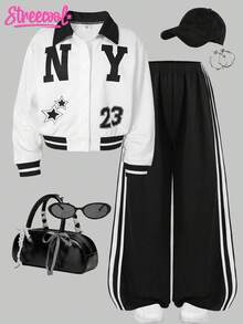 SHEIN ChillGRL HYPEME Tween Girl 女童休闲条纹阔腿裤和字母图案纽扣领棒球夹克 2 件套，时尚日常穿着，秋冬 - 黑色 - 查看 3