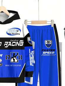 2pcs Tween Boy Casual Chic Racing Sports Graphic Print Hoodie And Sweatpants Set, Racing Driver Decor Print, Cool Text Print, Classic Checkered Flag Print, Comfortable For Autumn/Winter - Multicolor - View 5