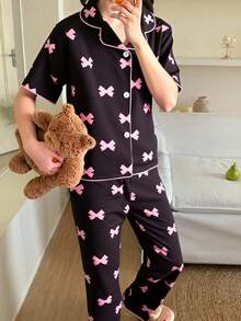 SHEIN Genkimix Kids Tween Girls' Apricot Cute Cherry Print Long Pants And Short Sleeve Casual Loose 2 Pieces Pajama Set - Black - View 5
