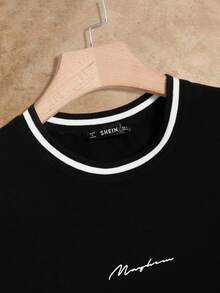 Manfinity NXTstreet Men Cotton Letter Print Striped Tape Neck Tee, Summer