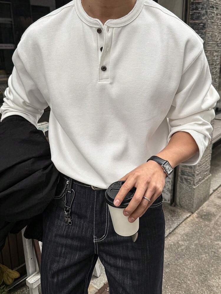 Textured Fabric Round Neck Half-Placket White Men's T-Shirt, Autumn