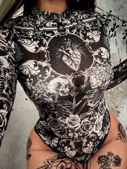 Whyspr Body casual plus size com gola redonda, manga comprida, malha estampada, elegante, retrô, punk, gótico, adequado para Halloween, férias