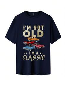 Manfinity Homme Men Simple Round Neck Short Sleeve Letter Print Casual Tops Car T-Shirts Men Tee - Navy Blue - View 2