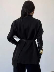 Firerie Women's Casual Elegant Gray Woolen Overcoat (With Belt)/Autumn And Winter Coats/Winter Overcoat For Women/Fall Women/Back To School/Back To School Women/Night Out/Business Casual Woman/Elegant And Intellectual - Black - View 2