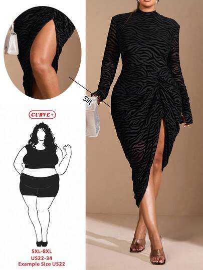 SHEIN CURVE+ Christmas Plus Size Elegant Sexy Women's Black Zebra Print Mesh Flocked Flocked Stand Collar Long Sleeve Dropped Shoulder High Slit Midi Dress, Autumn
