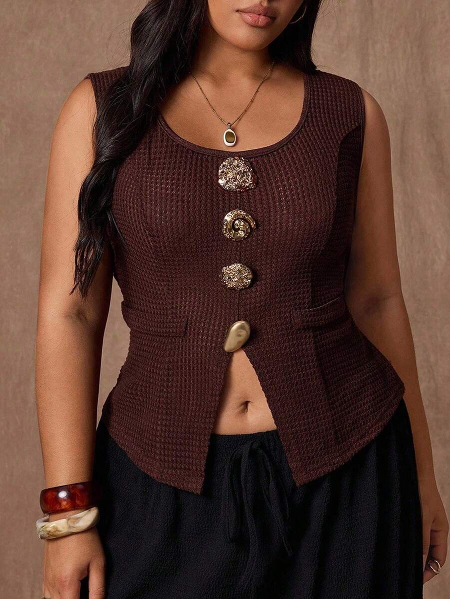 Rustia Blusa sin mangas de mujer de talla grande con cuello cuadrado, decoración de hebilla metálica exagerada, textura de piña, bolsillo falso, elegante para vacaciones, citas y fiestas, color café - Café integral - Ver 1