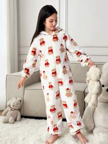 SHEIN Tween Girls' Loose Casual Comfortable Plush Cartoon Pattern Jumpsuit, Autumn/Winter - Multicolor - View 4
