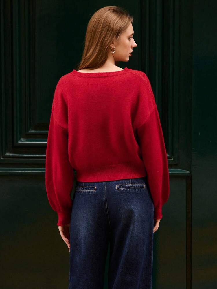 Red Knitted Oversized Jumper With Le Marais Text Detail Cosy Warm Autumn Winter