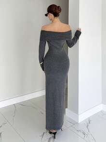 Siren Gaze Elegant Gray Autumn Dinner Date Wool Knit Midi Dress For Women,Multi-Way Wear Cowl Neck Off Shoulder Long Sleeve Split Hem Sweater Winter Dress,Chic - Dark Grey - View 2