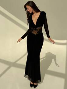 Aloruh Black Sexy Deep V Lace Mesh Splice Ruched Dress For Women,Party Dresses For Women,Dresses For Women Elegant,New Year Dress ,Elegant Party Dresses - Black - View 6