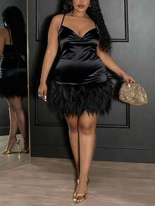 Veslaya Nuevo vestido mini de punto brillante con cuello en pico, sin mangas, con ribete de piel sintética en el bajo, en color negro sólido, elegante y lujoso, para otoño/invierno, ideal para fiestas, citas, eventos, ceremonias, bodas, graduaciones y otras ocasiones especiales, tallas grandes - Negro - Ver 5