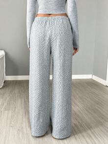 SHEIN LUNE 女式宽松灰色针织棉混纺纹理裤，秋冬 - 灰色 - 查看 4