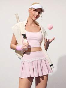 CourtClass 女式休闲撞色蕾丝运动裙裤，夏季 - 粉色 - 查看 5