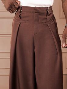 SUMWON 阔腿剪裁褶皱高腰正式商务办公室专业职场职业裤秋冬 - 棕色 - 查看 8