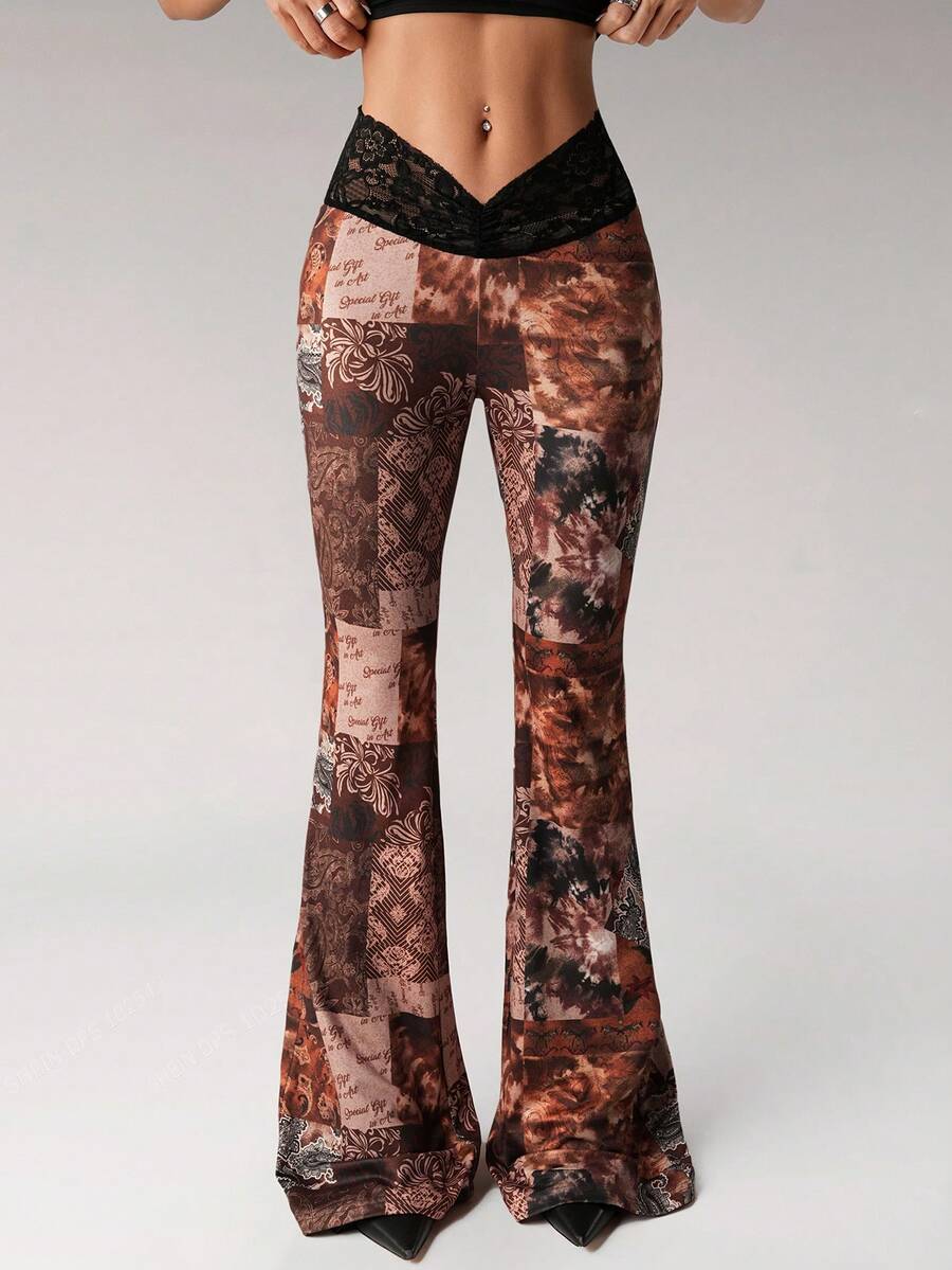 SHEIN ICON 复古佩斯利印花 Y2K 超低腰性感喇叭裤 - 棕色 - 查看 1