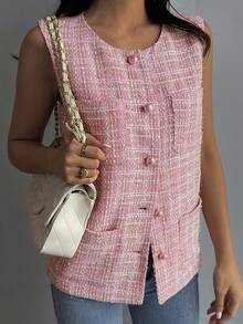 DAZY Women's Casual Sleeveless Single-Breasted Plaid Jacket, Autumn Women Coats - Pink - View 1