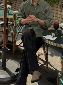 DAZY Men's Solid Color Washed Vintage Military Green Shirt, Autumn