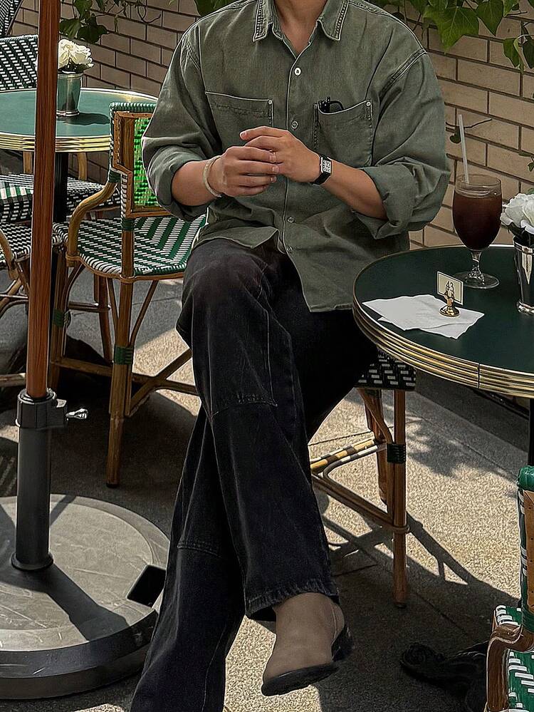 Men's Solid Color Washed Vintage Military Green Shirt, Autumn