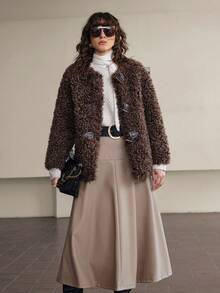 Ontre Women's Coffee Brown Faux Fur Collar Long Sleeve Jacket,Winter Street Style Everyday Front Button Office Wear Old Money Style Vintage High-End Jacket - Coffee Brown - View 6
