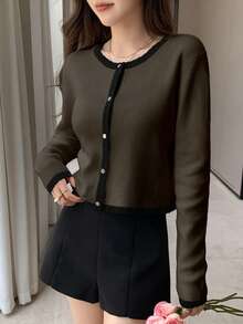 DAZY Bộ 2 áo len cardigan không tay màu tương phản thanh lịch dành cho nữ, mùa thu - Cà phê nâu - Xem 5