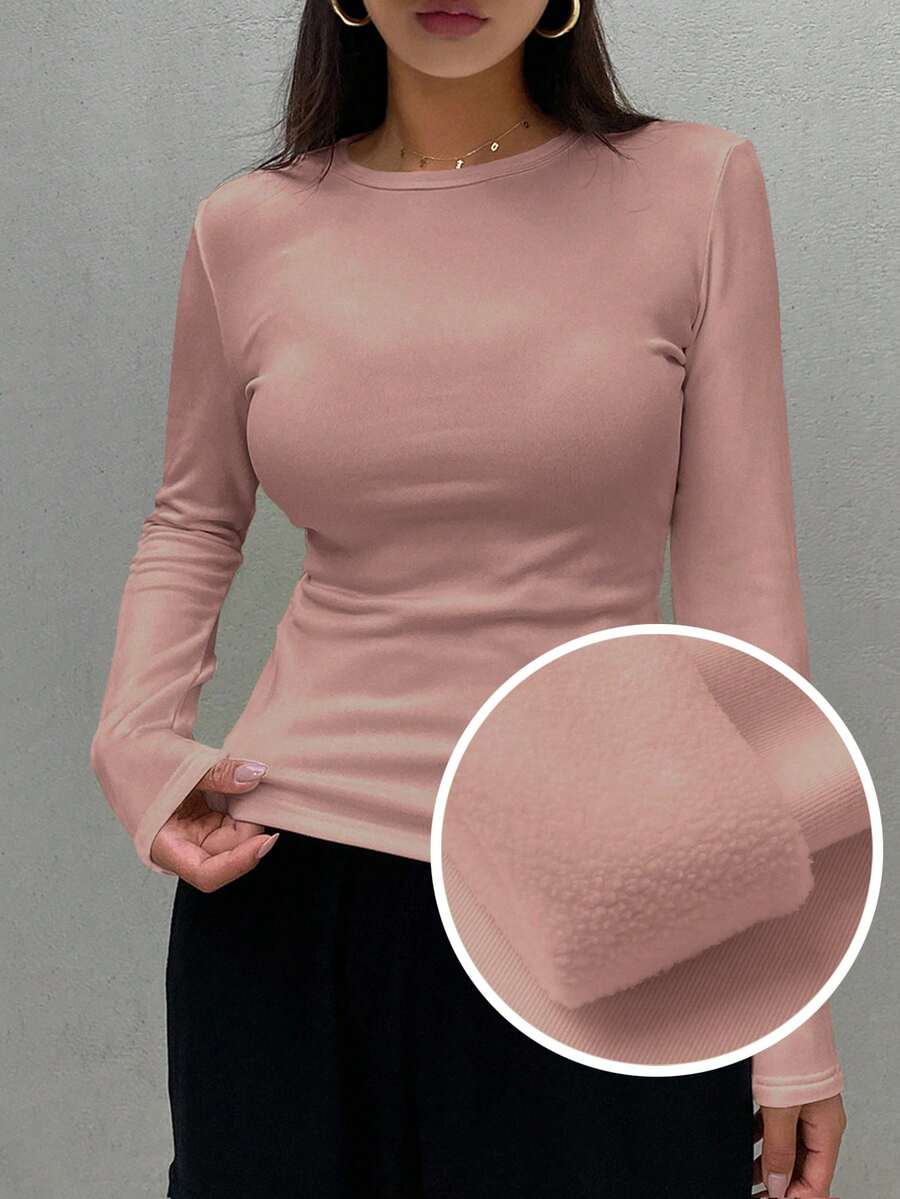 FRIFUL Áo thun nữ cổ tròn tay dài màu trơn có lót nhiệt, mùa đông - Hồng - Xem 1
