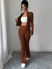 INAWLY 女式紧身拉链短款上衣，中式立领，喇叭裤，两件套 - 棕色 - 查看 7