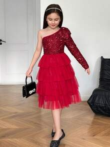 SHEIN Vestido formal con decoración de lazo y hombro oblicuo elegante para niña preadolescente, adecuado para fiestas y banquetes - Rojo - Ver 4