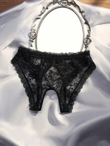 SpicyHot 1pc Charming Black Rose Sheer Lace Trim Open Crotch Sexy Panty - Black - View 3