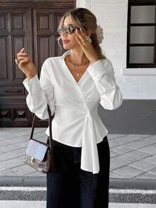 Serisse Damen Einfarbige Kreuz-Wickel Geraffter Vorderseite Knopf Elegante Langarm Bluse - Weiss - Übersicht 4