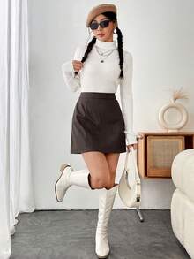 SHEIN Unity Chân váy dài màu trơn thường ngày có khóa kéo phía sau dành cho nữ, Thu/Đông - Cà phê nâu - Xem 6