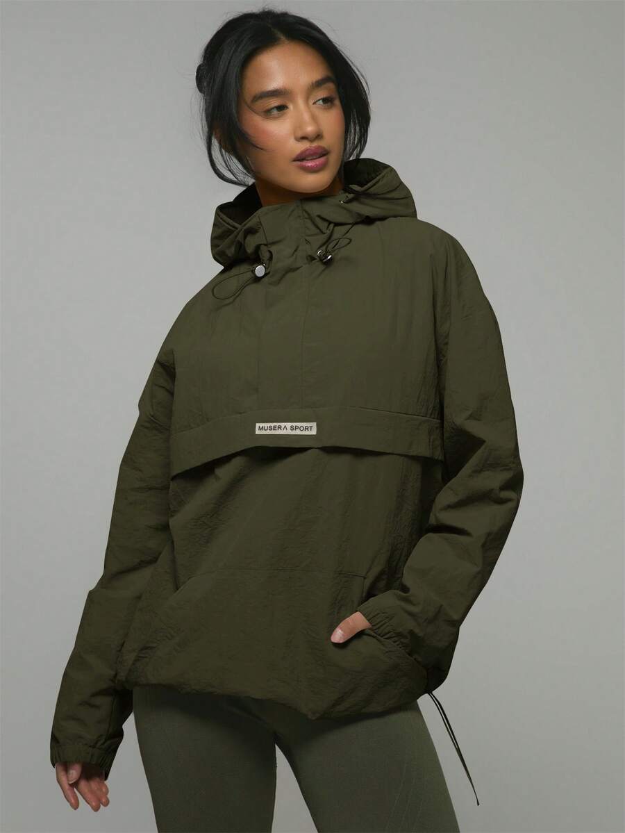 Musera Sport 尼龙半拉链口袋细节Logo连帽外套,夏季、雨天、徒步、运动、休闲、假日、节日、冬季、春季假期适用 - 軍綠色 - 查看 1