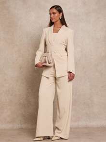 Glamine Bộ vest cổ khăn choàng màu nâu 3 món dành cho nữ, Bộ vest đa năng thường ngày cho nữ, Thích hợp mặc đi làm, đi chơi, đi làm, Bộ vest thường ngày rộng rãi - Màu be - Xem 6